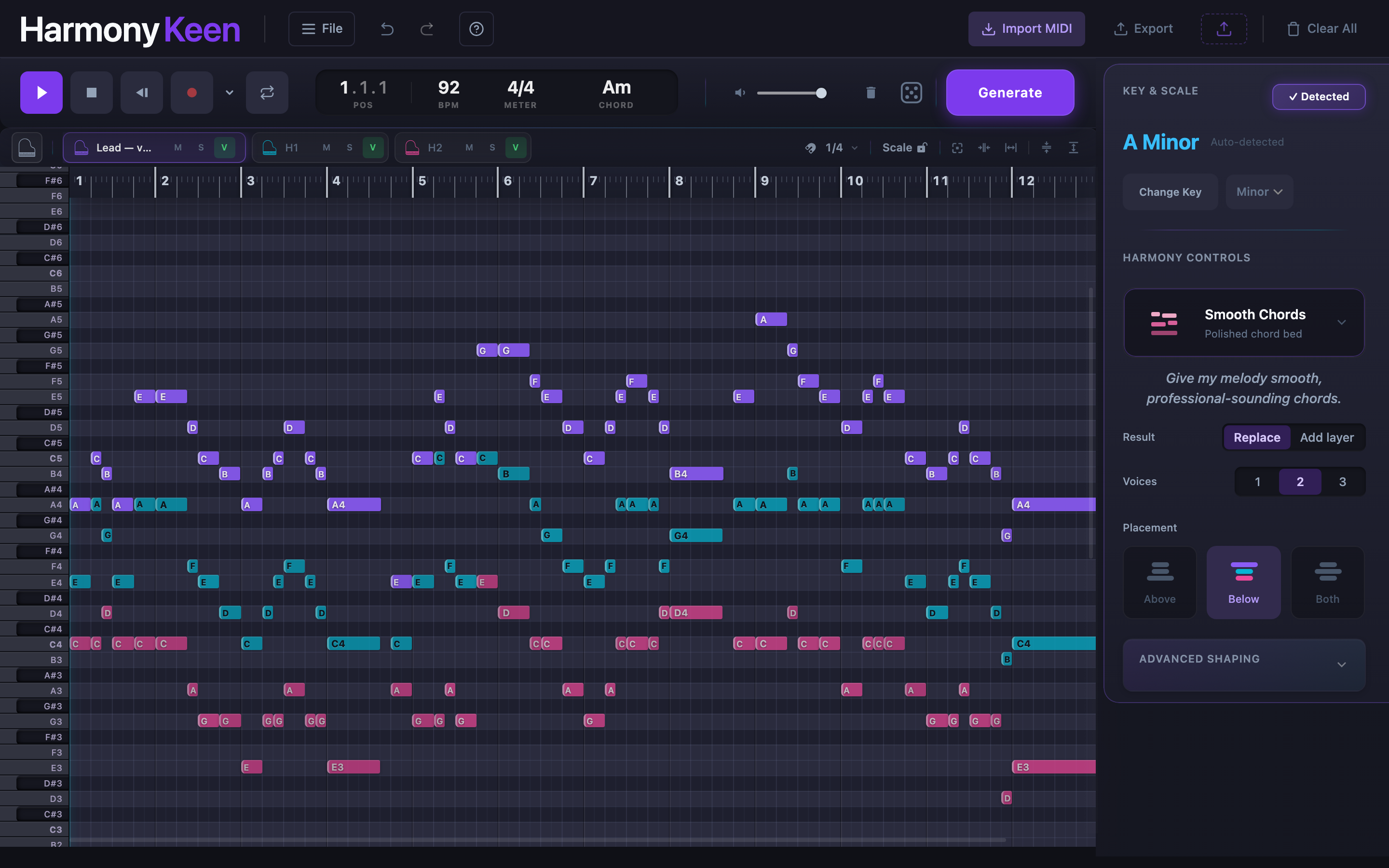 HarmonyKeen app showing a melody and generated harmony notes in a dark piano-roll interface