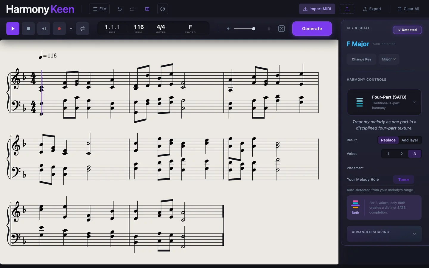 HarmonyKeen's score view: the Ridgeway melody and its four-part harmony written out on a grand staff in F major, with the Four-Part (SATB) preset selected